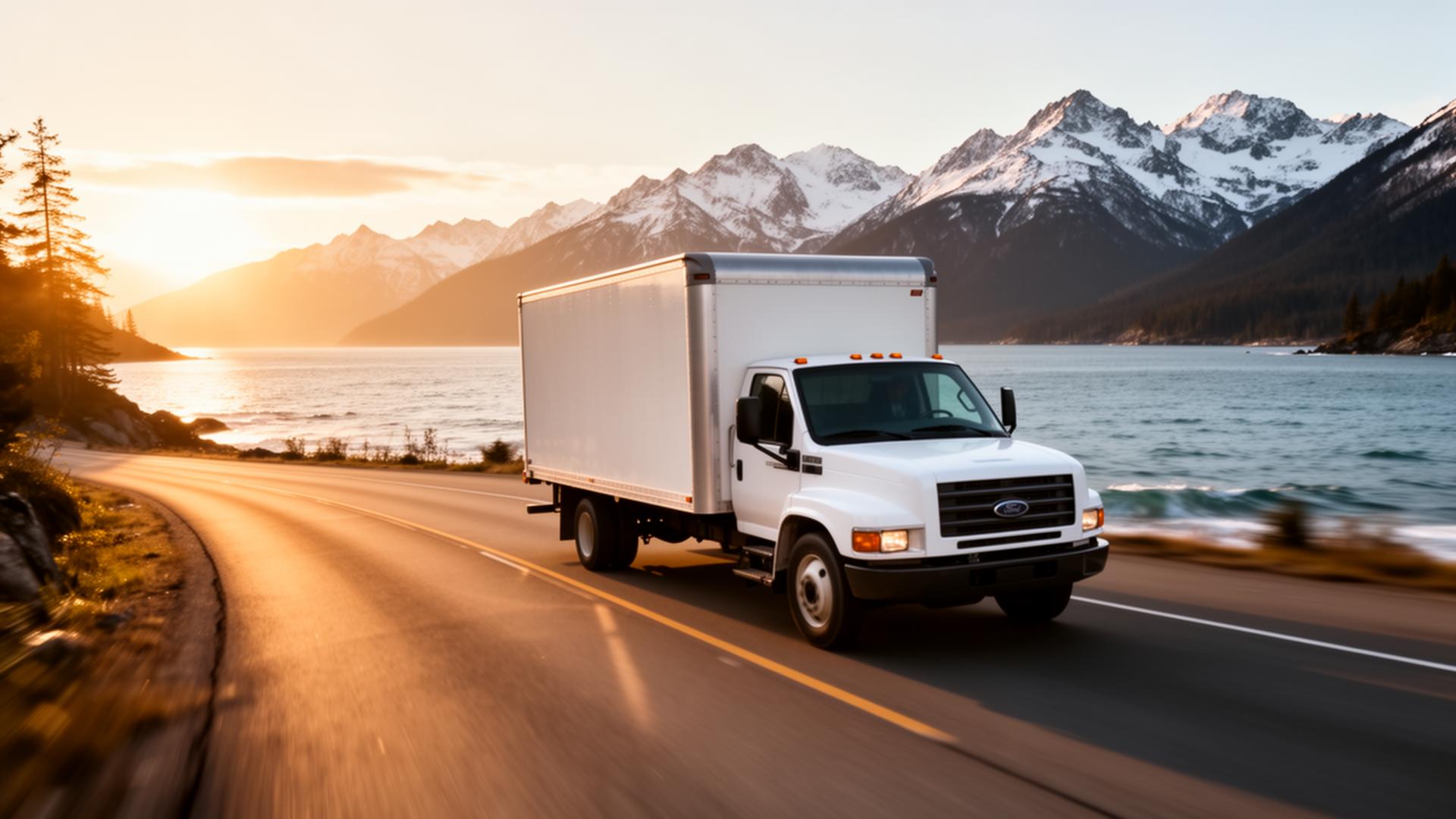 Smart Pacific Moving truck driving a BC coastal highway with snow-capped mountains