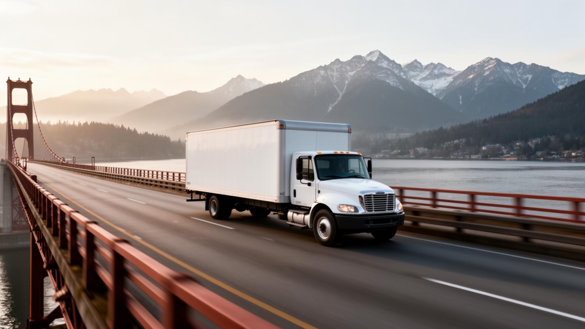 Smart Pacific Moving truck crossing a Vancouver bridge with North Shore mountains